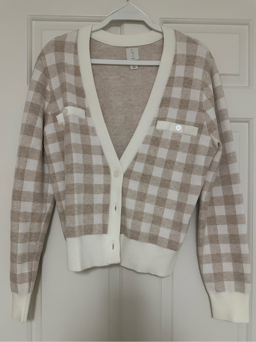 NWOT Joie Beige and Cream Check V-Neck Cardigan
